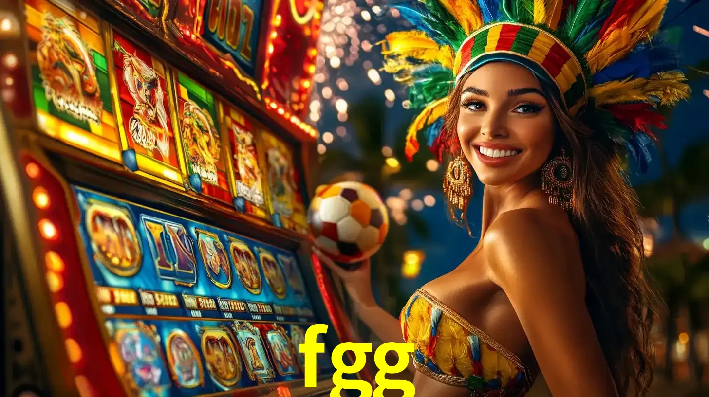 Mulher com um cocar de carnaval ao lado de uma máquina de caça-níqueis enquanto segura uma bola de futebol, mostrando a união da diversão de cassino e esportes no fgg.