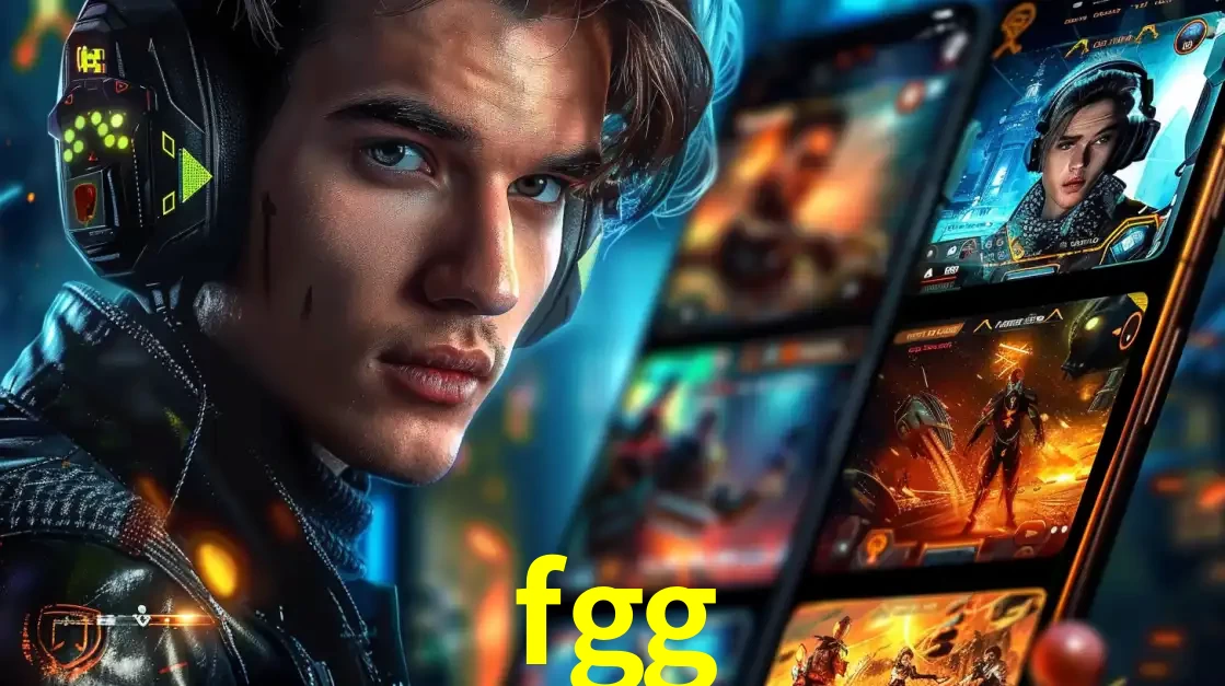 Jovem jogador com fones de ouvido olhando para a câmera, com um aplicativo de jogos e e-sports para celular ao fundo, pronto para a competição e apostas no fgg.