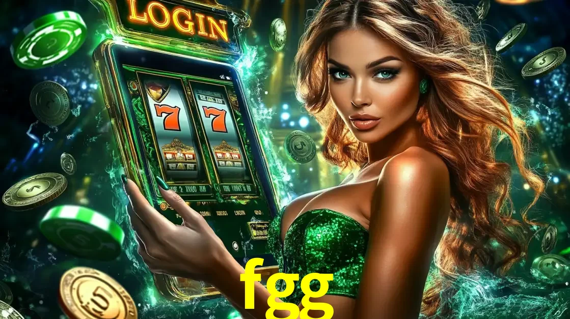 Mulher com tema verde apresentando o aplicativo do cassino fgg com um jogo de slot de 777, cercada por fichas de cassino e uma aura de sorte.