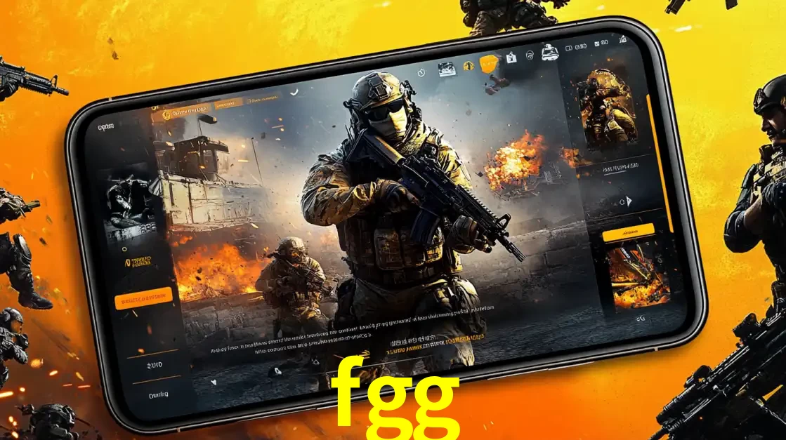Um smartphone exibindo a interface de um jogo de tiro em primeira pessoa, com um soldado em um cenário de batalha, representando a ação dos e-sports para apostar no fgg.