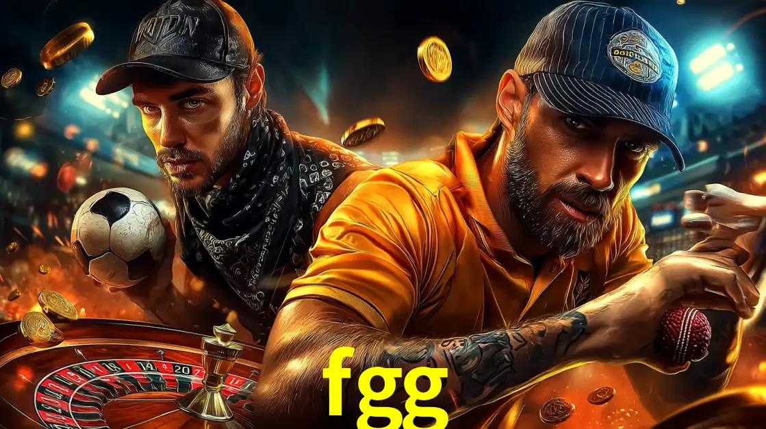 Montagem de apostas esportivas e cassino no fgg, com um homem segurando uma bola de futebol e outro uma de beisebol sobre uma roleta e moedas voadoras.