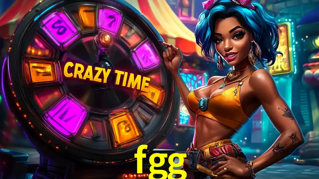 Mulher estilizada com cabelo azul e visual vibrante posando ao lado da roda de prêmios do game show Crazy Time, convidando para a diversão e os bônus do cassino fgg.