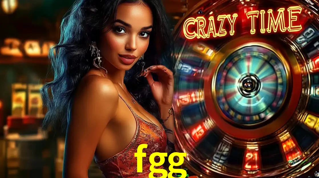 Mulher elegante ao lado da vibrante roda da fortuna do jogo de cassino ao vivo Crazy Time, um dos game shows mais populares e cheios de prêmios do fgg.