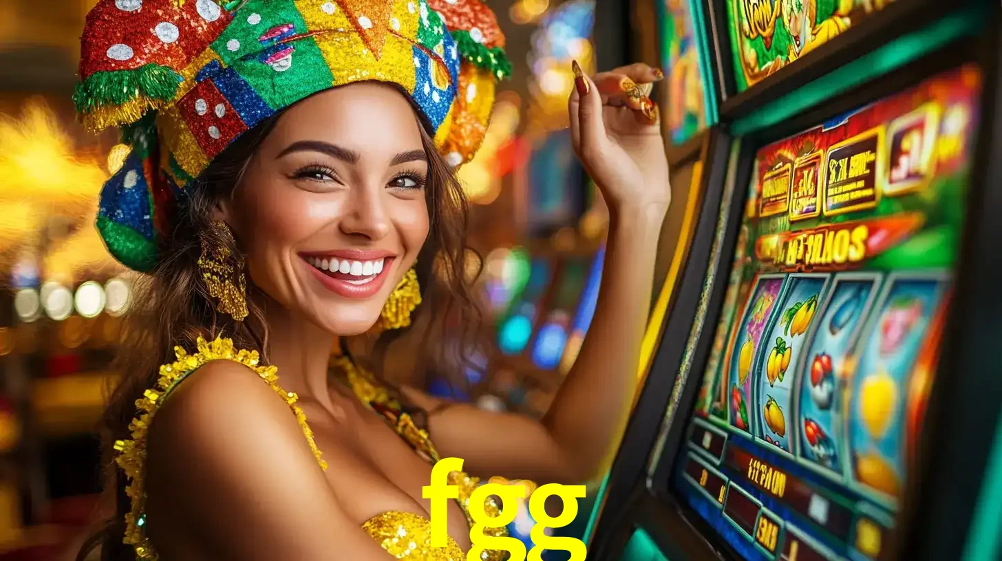 Mulher feliz com traje de carnaval amarelo e colorido ao lado de uma máquina de caça-níqueis, aproveitando a diversão e os jogos temáticos do cassino fgg.