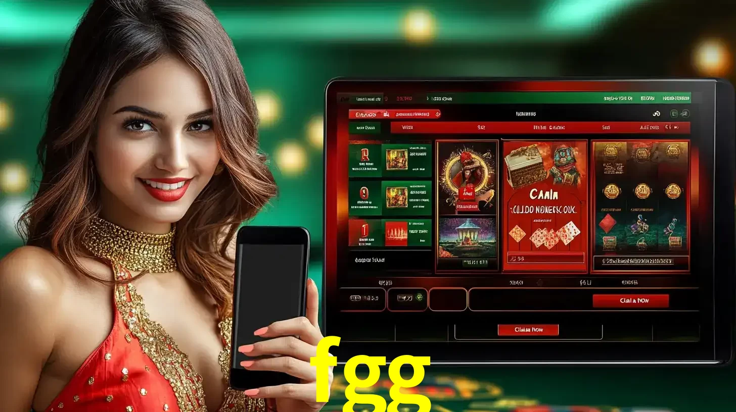 Mulher sorridente segurando um smartphone, ao lado de uma tela exibindo o lobby de jogos do cassino online fgg, com várias opções de jogos de cartas e slots.